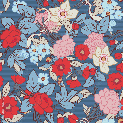 Stoffe zum Nähen Nahtlose Blumenmuster, Hintergrund mit Vintage-Stil Blumen in den Farben rot und blau. Lager Linie Vektor-Illustration.