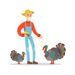 Sticker - Old farmer man feeding turkeys, poultry breeding vector Illustration