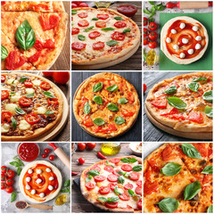 Wall Mural - Collage of delicious pizzas with basil leaves