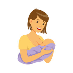 Sticker - Young mother holding baby in her hands while breastfeeding it with breast milk, colorful vector Illustration