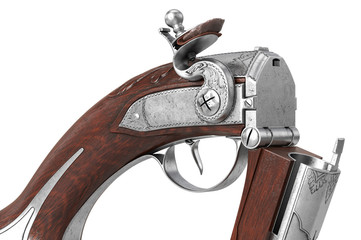 Pistol gun classic weapon military security, close view. 3D rendering