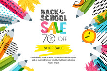 Vector Horizontal Back To School Sale Banner, Poster Background. Hand Drawn Sketch Letters And Doodle Multicolor Pencils On Textured Background. Layout For Discount Labels, Flyers And Shopping.