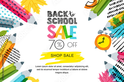 Vector horizontal back to school sale banner, poster background. Hand drawn sketch letters and doodle multicolor pencils on textured background. Layout for discount labels, flyers and shopping. © Betelgejze