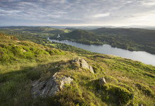 View Over Lakeside On Windermere From Gummer's How At Sunset. Cumbria, UK.