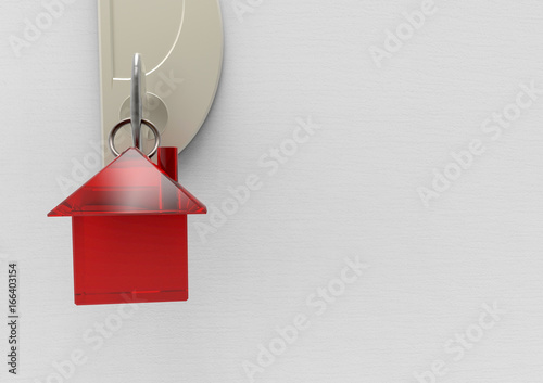 3d Redndering Key Chain In Red Home Shape With Hanging Key At The