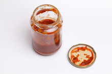 Open Glass Jar With Delicious Homemade Classic Spicy Tomato Pasta Or Pizza Sauce Isolated White Background