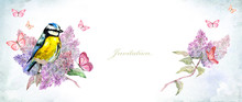 Invitation Banner With Cute Bird On Flowering Branch Lilac. Watercolor Painting