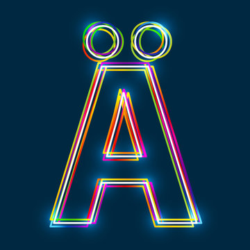 Letter Ä - Vector multicolored outline font with glowing effect isolated on blue background. EPS10