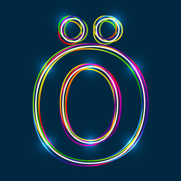 Letter Ö - Vector multicolored outline font with glowing effect isolated on blue background. EPS10