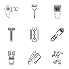 Sticker - Woman hairdresser tools icons set, outline style