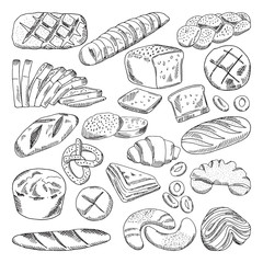 Wall Mural - types of healthy bakery foods. croissant and fresh bread. hand drawn vector pictures
