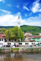 Wall Mural - View of the architecture and embankment of the Milyacki River in the historical center of Sarajevo, Bosnia and Herzegovina