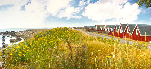 Typisch Skandinavische Landschaft Mit Roten Hausern In Schweden Stock Photo Adobe Stock