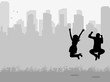 © zolotons - Vector, silhouette of people jumping against city background