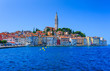 Wonderful romantic old town at Adriatic sea. Boats and yachts in harbor at magical summer. Rovinj. Istria. Croatia. Europe.