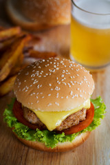 Wall Mural -  pork hamburger with french fries and beer