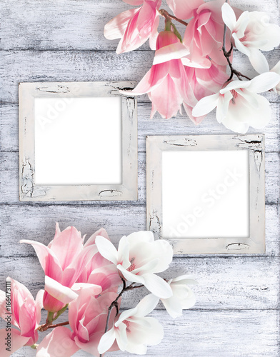 Plakat Ramki na zdjęcia retro z kwiatami magnolii
