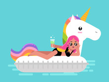 A Happy Young Girl With Pink Hair, Wearing Sunglasses, Lies On The Inflatable A Unicorn And Holds A Drink In Her Hand.Vector Summer Illustration In Flat Style. 