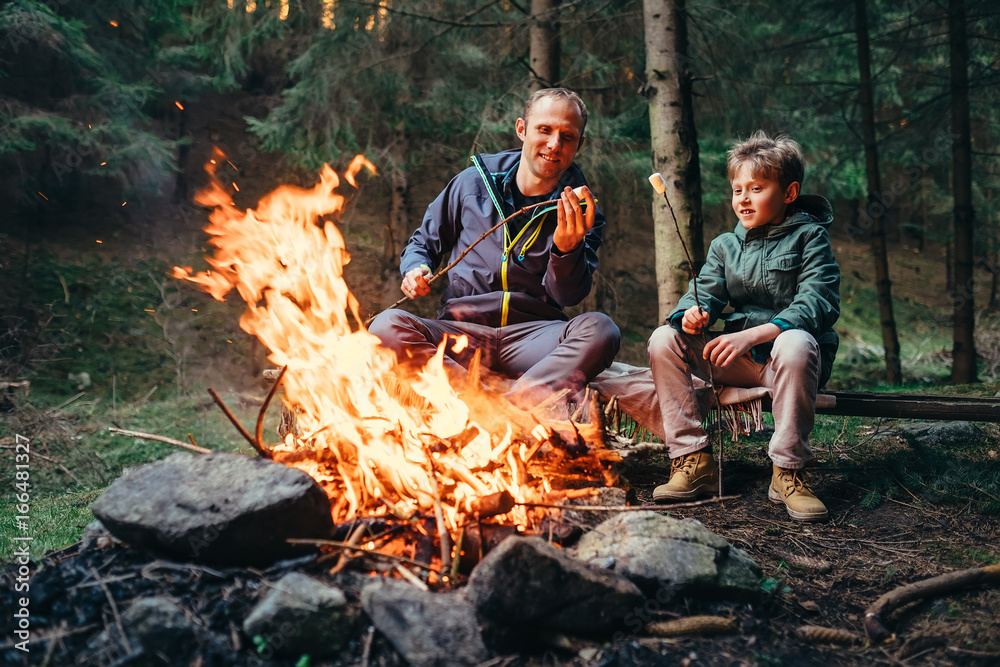 Father and son roast marshmallow on campfire - obrazy, fototapety, plakaty 