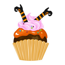 Vector Illustration Of A Halloween Purple Cupcake Isolated White Background. Happy Halloween Scary Sweets. Sweet Boots Witch.