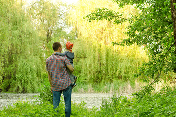 Dad with a small son are standing on the shore of a forest lake, rear view