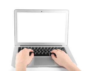 Wall Mural - Young woman working with laptop on white background