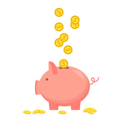 Piggy bank with coin icon, isolated flat style. Concept of money, investment, banking or business services. Vector illustration.