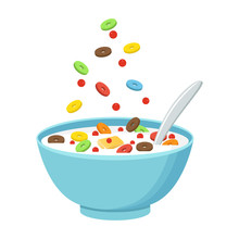 Cereal Bowl With Milk, Smoothie Isolated On White Background. Concept Of Healthy And Wholesome Breakfast. Vector Illustration