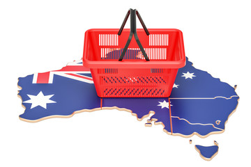 Poster - shopping basket on australian map, market basket or purchasing power in australia concept. 3d render