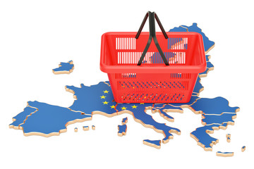 Poster - shopping basket on european union map, market basket or purchasing power in europe concept. 3d rende