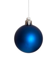 Blue Christmas Bauble Hanging On Silvery Chain, Isolated On White.