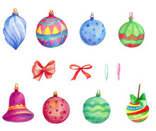 Christmas Tree Ornaments, New Year, Winter Holidays, Decoration, Beautiful Hand Painted Watercolor Ornaments