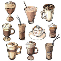 Set of different coffee beverages.Hot and cold coffee drinks.