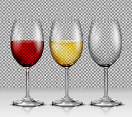 Canvas Print - Set of illustrations, transparent vector wine glasses empty, with white and red wine, isolated. Print, template, design element