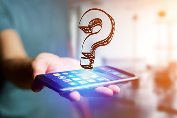 Poster - Hand drawn question mark icon going out a smartphone interface of a man at the office - technology concept