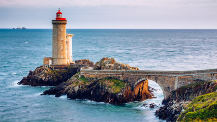 View of the lighthouse Phare du Petit Minou in Plouzane, Brittany (Bretagne), France.