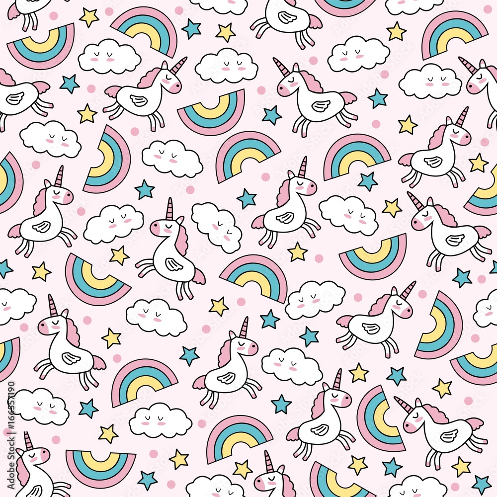 Cute vector seamless pattern with unicorns and rainbows. Stock Vector ...