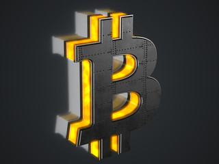 Poster - Bitcoin symbol - heavy metal sign with yellow light glowing. 3D rendered with depth of field