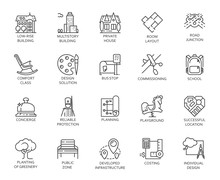 Vector Set Of 20 Linear Icons Of City Infrastructure. Pictogram In Linear Style For Advertising And Real Estate Projects, Designation Of Public Areas. Graphic Contour Logo Isolated On White Background