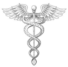 Cadeus Medical Medecine Pharmacy Doctor Acient High Detailed Symbol. Vector Hand Drawn Black Linear Tho Snakes With Wings Sword Background. Greek Retro Culture Hospital Old Element. Tattoo Design.