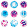 Set of abstract 3d faceted figures with connected lines. Vector low poly design elements collection, scientific concept. Cybernetic orb shapes with grid and lines mesh, network structure.