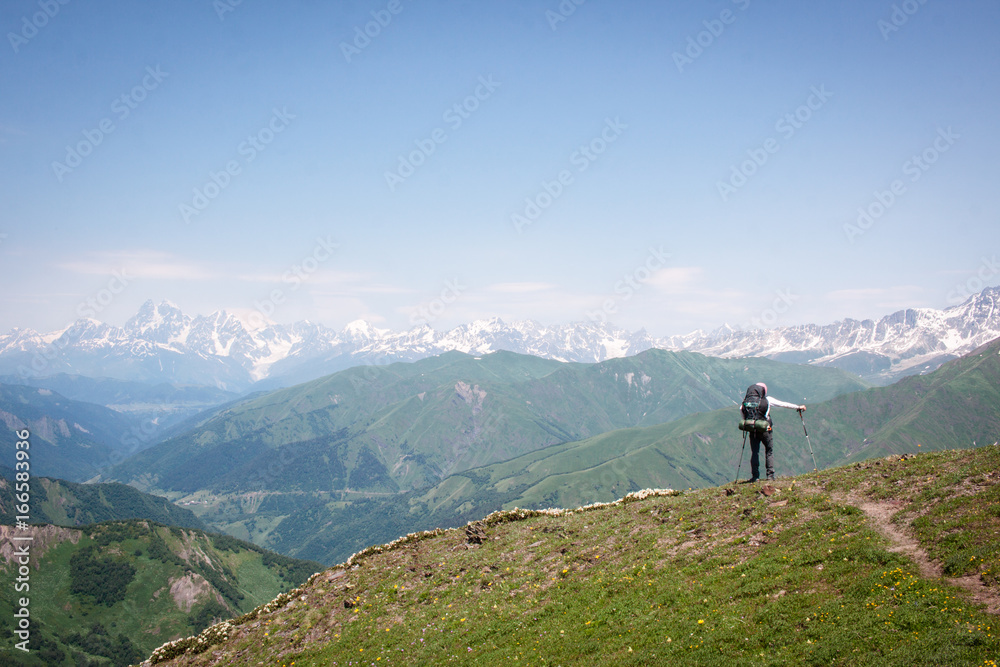 Trekking Caucasus from Mestia to Ushguli and via Latpari pass to Chvelpi in the Svaneti region of Georgia - obrazy, fototapety, plakaty 