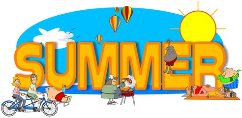 Wall Mural - Illustration of the word Summer surrounded by people doing hot weather activities.