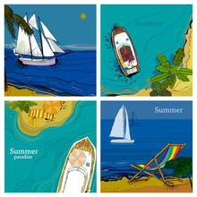 Illustration Of Set Square Card With Top And Front Views Of Sea, Sailboat And Beach With Sand, Palms, Sun. Graphic Postcards In Flat Lay Style With Spray. Boat, Ship And Sailboat On The Water For
