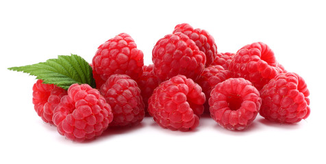 ripe raspberries with green leaf isolated on white background macro