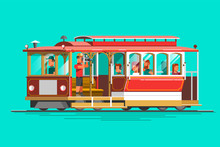 Retro Detailed Vector Cable Car, 3d View, Isolated. Transit Vintage Graphic Element On Cable Rail Car. Urban Lifestyle, Touristic And Sightseeing Graphic Design.