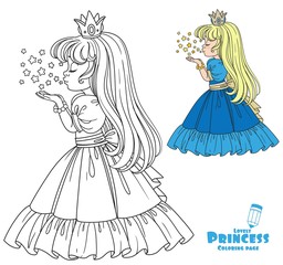 Sticker - Beautiful princess girl blows off the magic shiny stars color and outlined picture for coloring book on white background