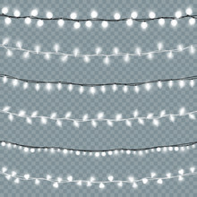 Glowing Isolated Christmas Lights Vector Set. Realistic Xmas Light Bulbs Chains Decor Collection With Transparent White Shining.