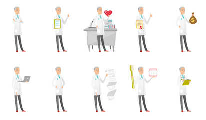 Poster - Senior caucasian doctor set. Doctor showing heart, thumbs up, money bag, document with presentation, using a laptop. Set of vector flat design cartoon illustrations isolated on white background.