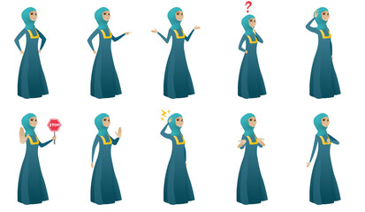 Canvas Print - Young muslim business woman set. Business woman screaming, thinking, shrugging shoulders, scratching head, showing stop road sign. Set of vector flat design illustrations isolated on white background.